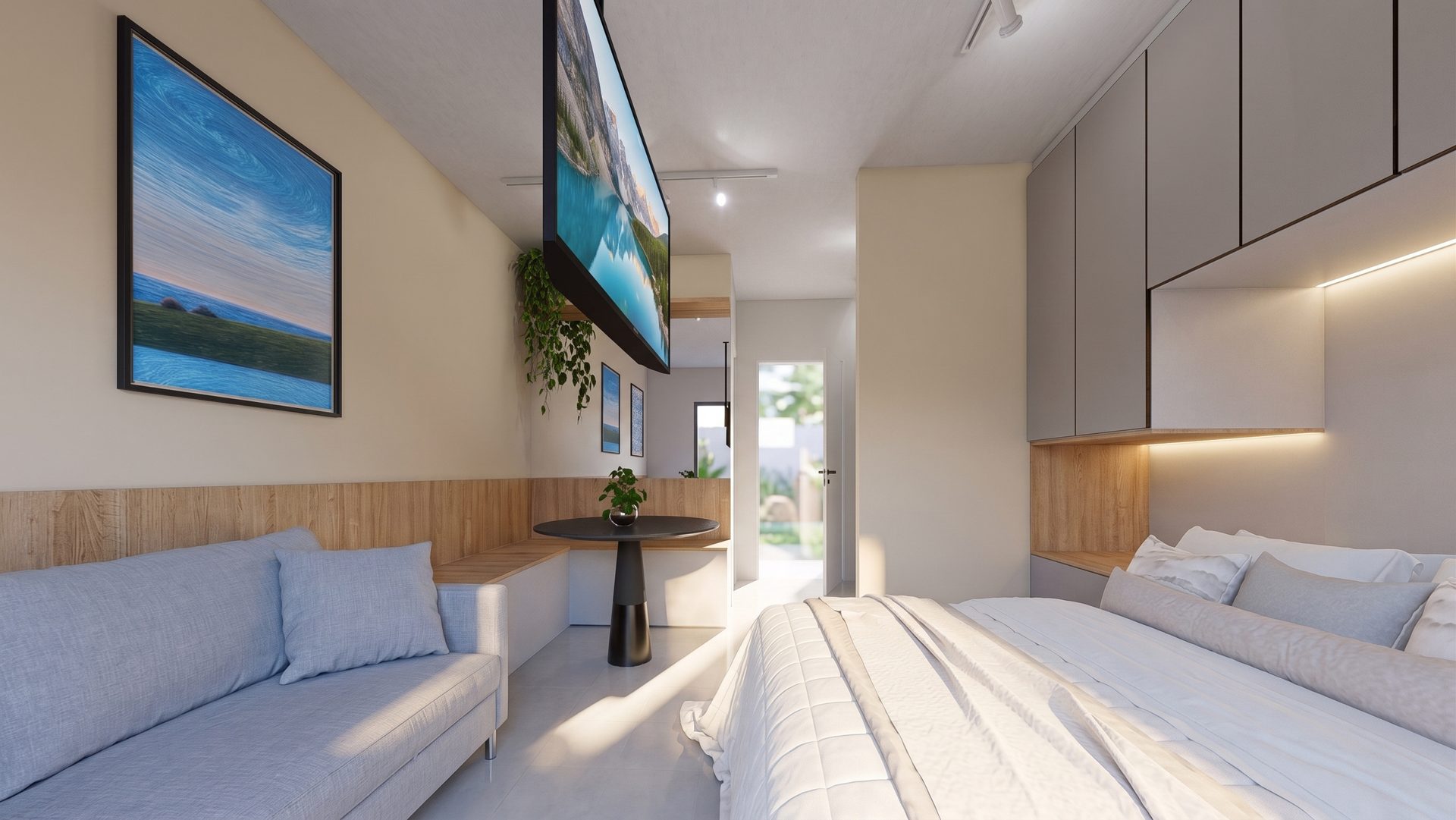 Studio com sofá, cama e mesa