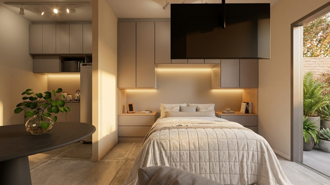 Studio com cama, cozinha e TV
